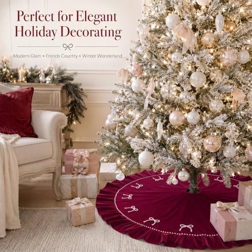 48 Inches Pearl Christmas Tree Skirt Plush Christmas Velvet Tree Skirt with Pearl Bow Burgundy Ruffle Edge Handmade Mat for Xmas Holiday Winter Party Decorations - Image 6