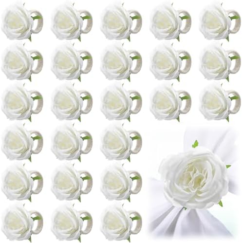Yunsailing 24 Pcs Flower Napkin Rings Peony Floral Handmade Napkin Holder Rings Handicraft Holder for Table Decorations Wedding Holiday Banquet Luncheons Birthday Party Picnics Supplies(White) by Yunsailing