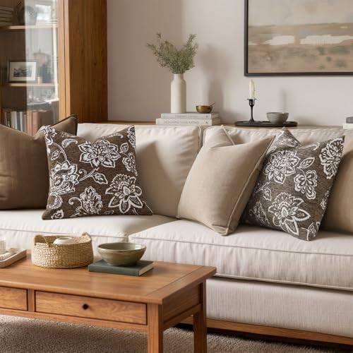 Set of 2 Chenille Floral Pillow Covers 20x20 Inch Taupe Grey - Image 3