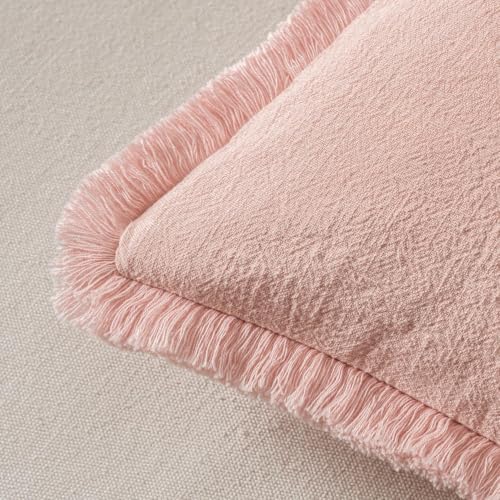 MIULEE Boho Linen Fringe Decorative Euro Throw Pillow Covers Pink 24x24 - Image 3