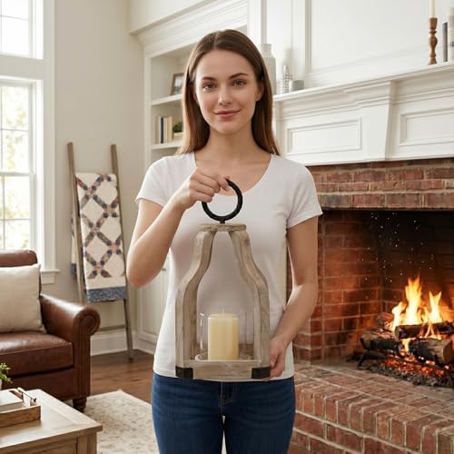SWALLOWLIVING 13" Rustic Farmhouse Wood Candle Hurricane Lantern with Glass Candlestick Holder for Patio, Table Centerpiece, White Washed - Image 5
