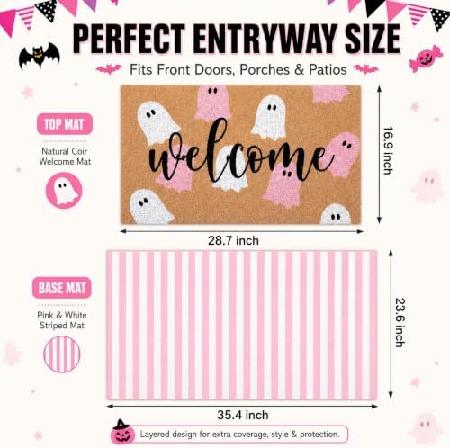 Tinideya 2 Pcs Halloween Ghost Layered Doormat Set, Pink White - Image 2