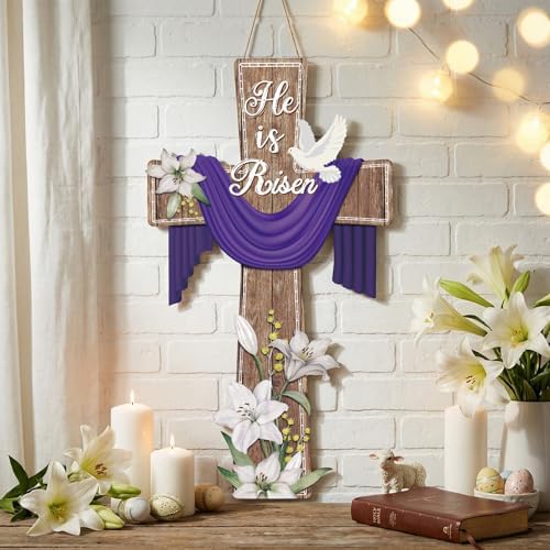 BBTO He Is Risen Easter Door Sign, 31.5 x 15.75 Inches Durable Wooden Religious Cross Hanging Decor Easter Wreaths for Front Door Christian Flowers Lent Hanging Hanger for Farmhouse Front Porch - Image 5