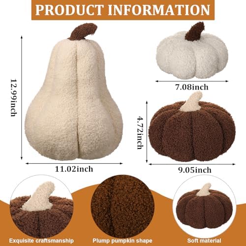 Beeveer 3 Pcs Fall Thanksgiving Pumpkin Pillows,Dark Brown & Cream - Image 3