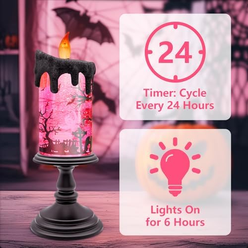 Halloween Snow Globe Candle with Pink Graveyard Scene – LED Flameless Candle with Water Glitter Swirls, Battery Operated Light Up Halloween Decoration for Indoor Tabletop or Mantel - Image 6