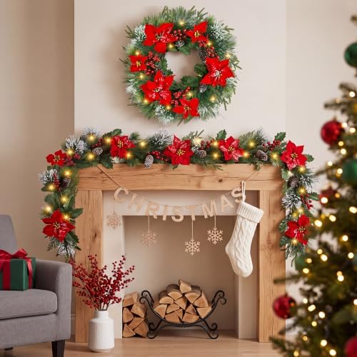 Christmas Wreaths for Front Door - 8 Lighting Modes 26 Inch Real Touch Pine Wreath with Poinsettia, Red Berries & Pine Cones Prelit Winter Wreath for Outdoor Christmas Decorations Home Decor - Image 5
