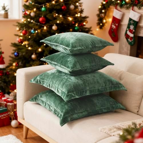 Luxurious Velvet Euro Shams Decorative Throw Pillow Covers 26x26 Set of 2 Solid Square Euro Pillow Shams for Sofa Couch Bedroom, Green - Image 4