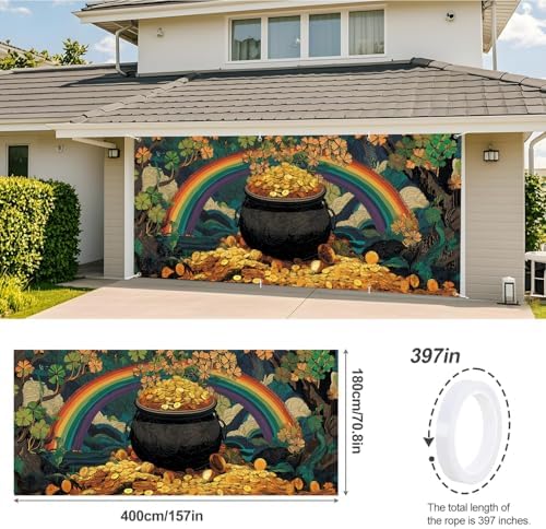 ANNA QUEEN St Patrick’s Day Garage Door Banner 6x13FT, Rainbow and Pot of Gold Garage Door Cover, Large Outdoor Irish Shamrock Decoration Backdrop for Double Garage Doors, Garden Fence & Party Photo Booth - Image 3