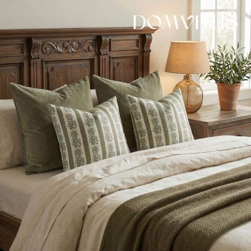DOMVITUS Floral Throw Pillow Covers 24x24 Inch Set of 2, Block Print Decorative Pillow Covers Vintage Striped Neutral Farmhouse Boho Home Decor for Couch Sofa Bed Living Room, Green - Image 6