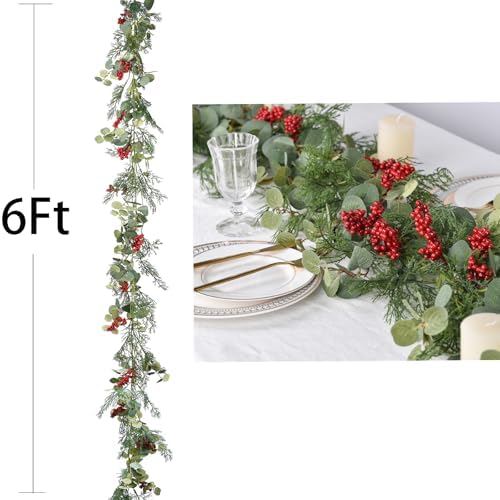 Lvydec Christmas 6Ft Pine Christmas Garland, Realistic Artificial Faux Greenery Garland with Berry and Eucalyptus Leaves Cypress Garland for Mantle Holiday Fireplace Winter Decor - Image 5