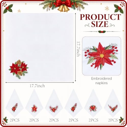 HunnmingRe 12 Pcs Christmas Poinsettia Cloth Napkins, 17x17 Inch - Image 2