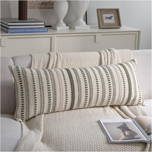 Cethom Green Boho Lumbar Pillow Covers 14x36 Long, Stripe Textured Decorative Couch Pillow Cases for Bed, Sofa, Living Room, Bedroom, Farmhouse Home Accent Cushion Covers, Pack of 1 by Cethom