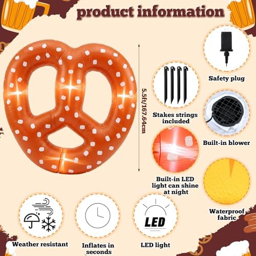 5.5FT Inflatable Pretzel Decoration LED Lighted Oktoberfest Beer Party Prop - Image 2
