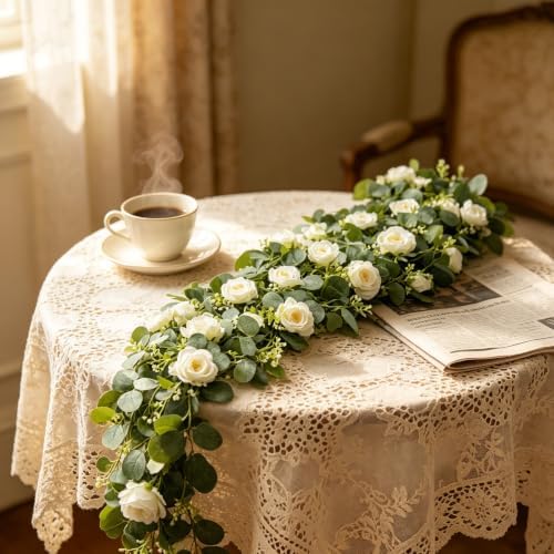 5Pcs 6Ft Artificial Eucalyptus Garland with White Roses Home Decoration - Image 3