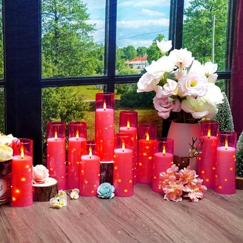 Sasigeiaa Flameless Candles with Embedded Star String - Battery Operated LED Candles, with Remote,12 Pink Flickering Candles for Christmas, Weddings, Home Decor & Party,(D 2.3"×H 5" 6" 7") - Image 4