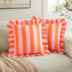 vctops Ruffle Square Throw Pillow Covers Boho Pink and Red Striped Decorative Pillowcases Set of 2, Soft Velvet Accent Cushion Cover Cases for Sofa Bed Living Room Decor (Pink Orange,18"x18") - Image 2