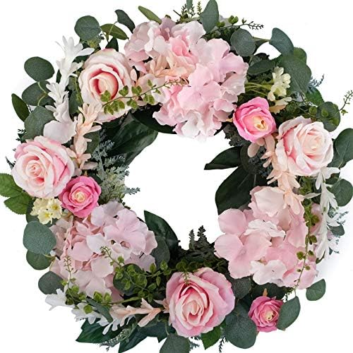 Artificial Pink Rose Wreath - 20 Inch Front Door Wreath with Hydrangea Leaves for Spring, Valentine's, Mother's Day, Wedding & Home Decor by Bibelot