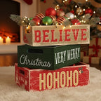 3 Pcs Vintage Wooden Box with Words Hohoho Merry Christmas Believe - Image 3