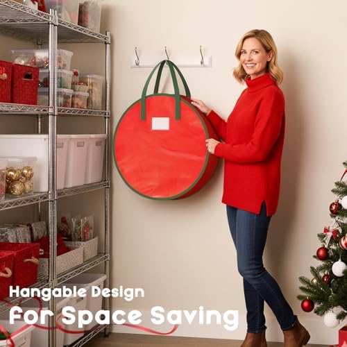 Criusia Wreath Storage Container, 2 Pack Christmas Wreath Storage Bag with Sturdy Handle, Two-way Zipper,Durable Wreath Storage Organizer Box for Holiday Decoration (Red, 36"x8") - Image 5