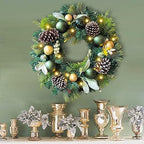 WANNA-CUL Pre-Lit 20 Inch Lighted Christmas Wreath for Front Door Decoration with Green Gold Christmas Ball Ornaments,Battery Operated 30 LED Lights - Image 4