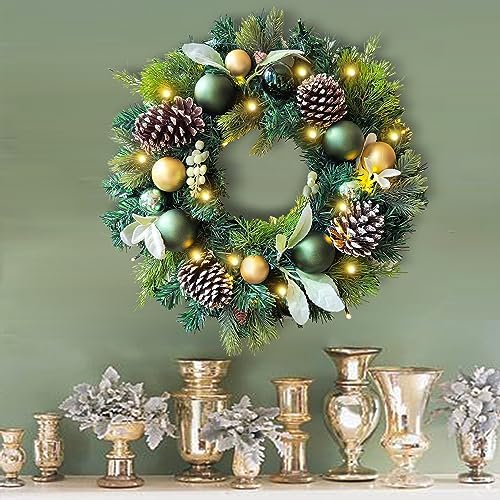 WANNA-CUL Pre-Lit 20 Inch Lighted Christmas Wreath for Front Door Decoration with Green Gold Christmas Ball Ornaments,Battery Operated 30 LED Lights - Image 4