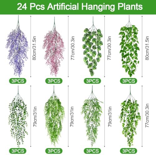 Riceshoot 24 Pcs Artificial Hanging Plants 8 Styles Realistic Hanging Fake Plants Eucalyptus Fake Wall Plants Ferns Faux Ivy Vines Flowers Leaves Greenery Garland Decor for Indoor Home Outdoor Wedding - Image 2