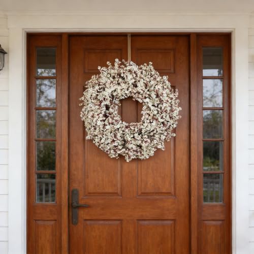 White Wreath for Front Door, 21 Inch Artificial Twig Wreath with White Flowers, Winter Wreath for Indoor Outdoor, Christmas Holiday Farmhouse Wall Decor - Image 2