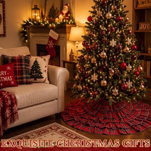 Red Ruffle Christmas Tree Skirt Red and Green Tartan Plaid 48 in - Image 6