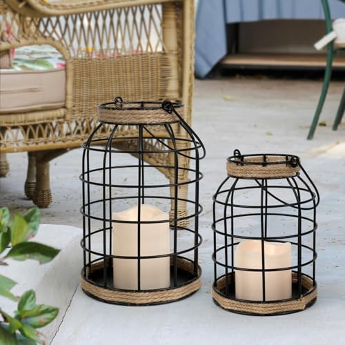 Rustic Farmhouse Decorative Lantern Set of 2, Boho Lanterns with LED Candles, Modern Farmhouse Indoor Outdoor Decor for Living Room Patio Porch Fireplace Kitchen Dining Table Centerpiece - Image 3