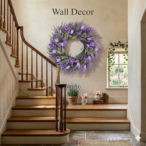 26" Large Spring Wreaths For Front Door-Large Lavender Tulip Easter Wreath Flower Wreath Summer Spring Door Wreaths Outdoor All Season Spring Decoration for Home Porch Room Window Wall Farmhouse Decor - Image 3