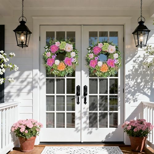 24 Inch Spring Summer Wreaths for Front Door: Realistic Silk Peonies & Hydrangeas with Berry Greenery, Faux Flower Wreath for All Seasons Indoor Outdoor Decor for Porch Wall Wedding Farmhouse Home - Image 3