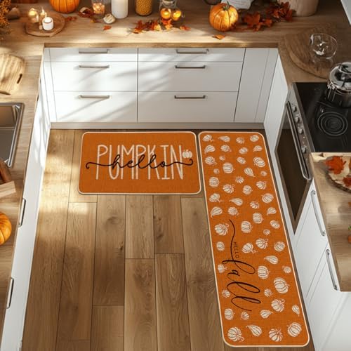 Artoid Mode Orange Hello Pumpkin Fall Kitchen Mats Set of 2-17x29+17x59 - Image 2