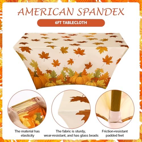 Oudain 2 Pcs Fall Tablecloth 6 ft Pumpkin Maple Leaf Table Cover - Image 3