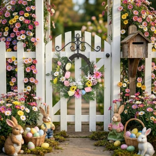 Valery Madelyn Pre-Lit Easter Wreath for Front Door, Unique Egg Shaped Spring Wreath Decoration with Bunny, Pastel Eggs & Tulip Daisy Flower, Artificial Farmhouse Indoor Outdoor Wall Window Decor-16'' - Image 4