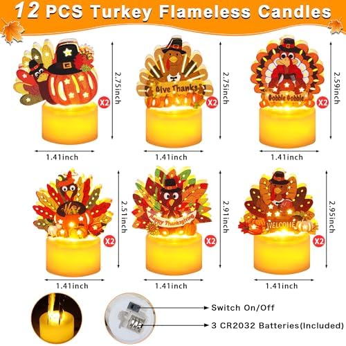 12 PCS Thanksgiving Table Decorations Turkey Tea Lights Candles, Battery Operated Thanksgiving LED Flameless Tealight Candles Thanksgiving Turkey Centerpieces Decorations for Home Indoor Kitchen Party - Image 2