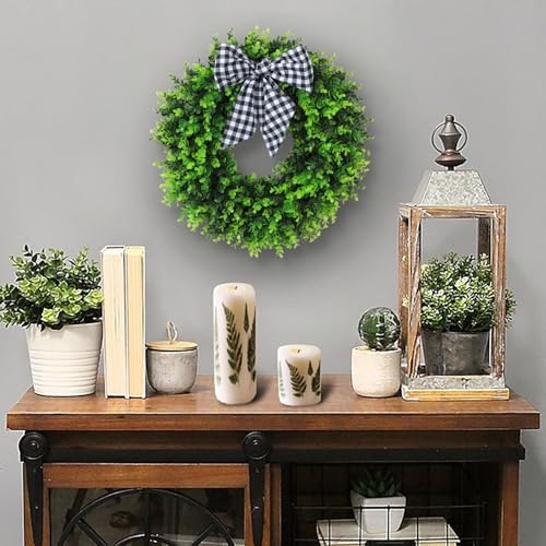 Boxwood Wreaths for Front Door Artificial Green Spring Summer Wreaths Farmhouse Door Hanger,Year Round Door Wreath Wedding and St Patricks Day Decorations Indoor Outside use- with Buffalo sash-20 - Image 2