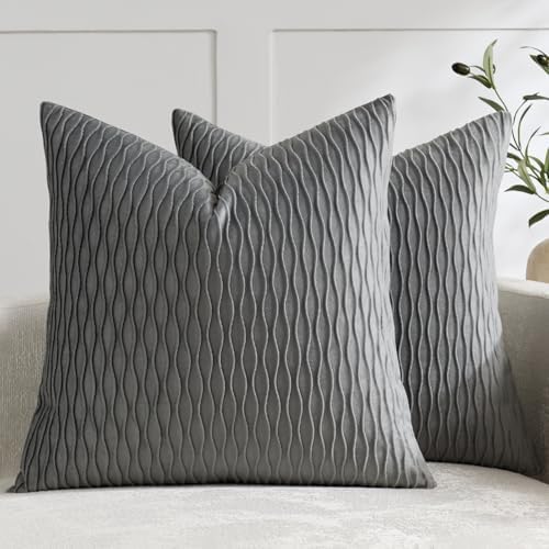 DEZENE Grey Vertical Ripple Striped Decorative Pillow Cases: Pack of 2 24x24 Inch Velvet Square Throw Pillow Covers for Farmhouse Couch Sofa Bed Living Room Home Decor by DEZENE