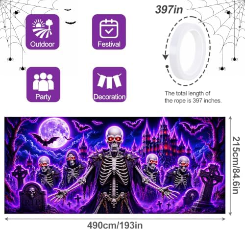 7x16FT Halloween Neon Skull Garage Door Banner UV Reactive Fluorescent Skeleton Garage Door Cover Decoration for Hallowen Decoration - Image 4