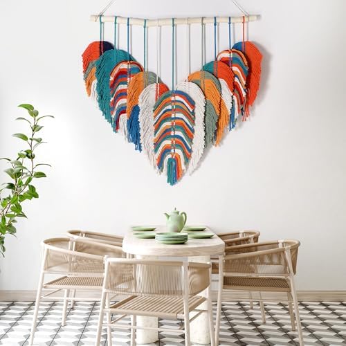 Amestrina Large Macrame Wall Hanging, Boho Chic Macrame Wall Decor, Bohemian Leaf Feather Macrame Wall Art, Handmade Macrame Wall Hanging Tapestry for Bedroom Living Room 31" Wx 31" L (Orange) - Image 5