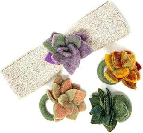 Global Crafts - Handmade Felt Napkin Rings Set, Succulent Multicolor, 4-Pack - Unique Plant Decor by Global+Crafts