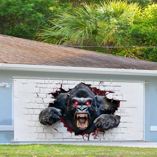 16x7ft Breaking Wall Gorilla Garage Door Banner- Smashing Brick Wall Backdrop, Large Hanging 2 cars Garage Decorations - for Halloween & Birthday Party Funny Novelty Background Sign, Man Cave Decor - Image 3