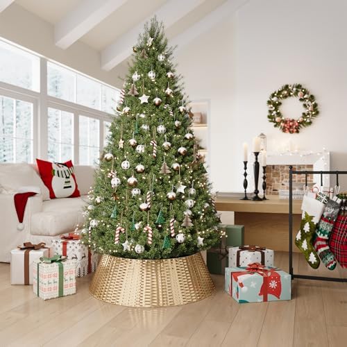 ELYKEN Gold Christmas Tree Collar, 33 Inch Woven Xmas Tree Skirt Cord Cut-Out - Protects Tree Base from Pets, Stylish Holiday Tree Skirt Alternative, Round Tree Ring for Christmas Tree Decor - Image 7