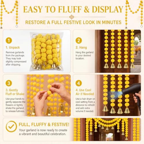Suncalla 12 Pcs 4 Ft Marigold Garland Gold Bell,Yellow - Image 4