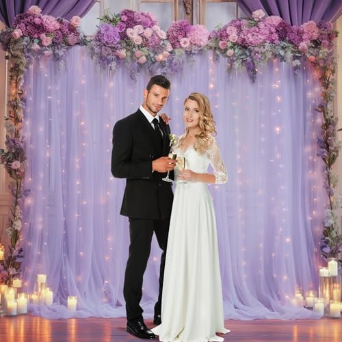 10x10ft Purple Backdrop Curtain with Lights String for Parites, Sheer Photo Backdrop Drapes Tulle Curtains for Wedding Baby Shower Birthday Party Photo Shoot Decorations - Image 3