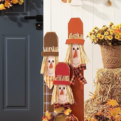Glitzhome Fall Wooden Scarecrow Family with Wreath Porch Decor, Rustic Fall Harvest Scarecrow Yard Sign, Farmhouse Porch Sign Standing Decor for Fall Harvest Autumn Thanksgiving - Image 4
