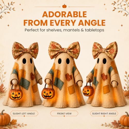 Lighted Vintage Patchwork Ghost Halloween Decor with Light-Up Pumpkin Pail, Tabletop Figurine for Mantel Shelf Entryway (1PC) - Image 7