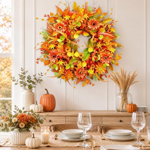 Fall Wreath for Front Door, 24 Inch Autumn Wreath with Berries,Lemon Leaves, Oak Leaves, and Maple Leaves Fall Decorations for Home, Artificial Flowers Harvest and Thanksgiving Indoor & Outdoor - Image 5