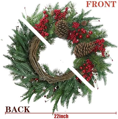 22’’ Artificial Christmas Wreath Norfolk Pine Wreath for Front Door with Pine Needles Red Berries Big Pinecones Christmas Decorations for Winter Farmhouse Wall Indoor Outdoor Home Holiday Xmas Decor - Image 6