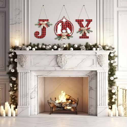 Soaoo 1 Set of 3 Pcs Christmas Joy Sign Buffalo Plaid Christmas Wreaths Rustic Burlap Wooden Hanging Front Door Decorations for Xmas Home Outdoor Window Indoor Porch Holiday Wall Decor Party Supplies - Image 6