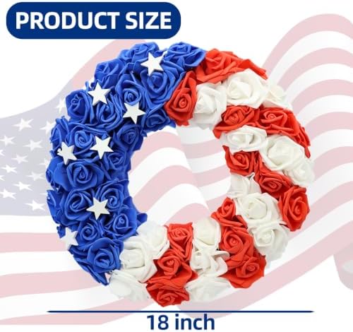 4th of July 18 Inch Wreath with Handmade Wooden Stars - Patriotic Front Door Wreath, Red White Blue American Flag Decoration for 250th Independence Day, Decor for Porch, Indoor Outdoor - Image 2